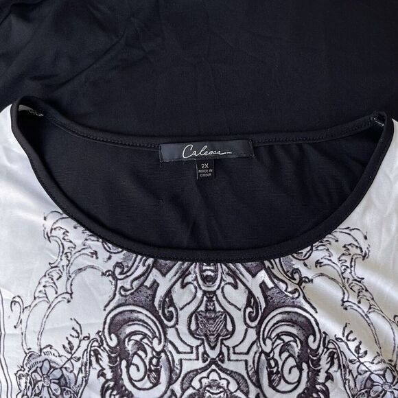 CALESSA Tunic Top Plus Size 2X Black White Prints Long Sleeve Knit Blouse - Picture 3 of 3